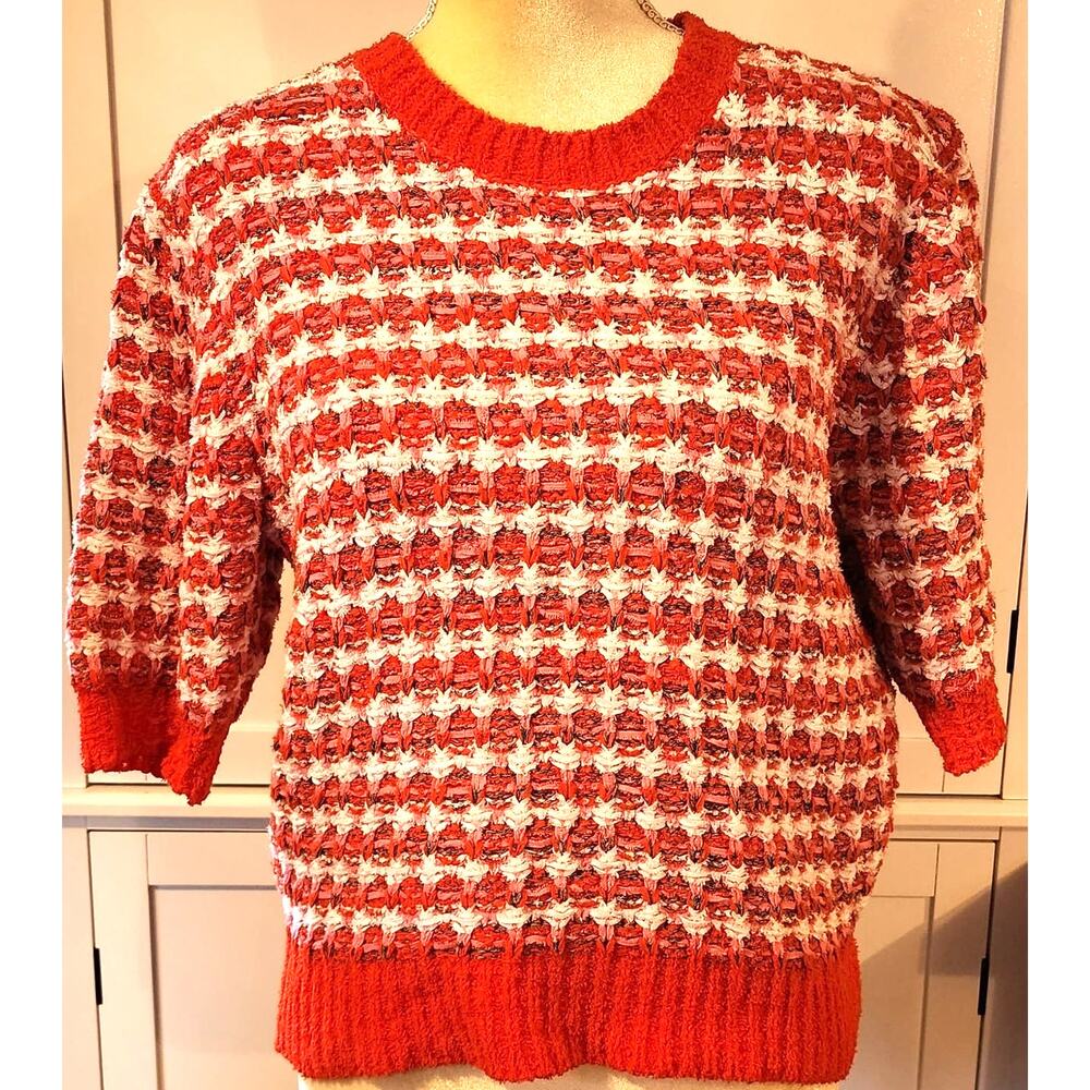 Ann Taylor Women's Pink White Red Short Sleeve Knit Ribbed Sweater Size Small - Picture 2 of 6
